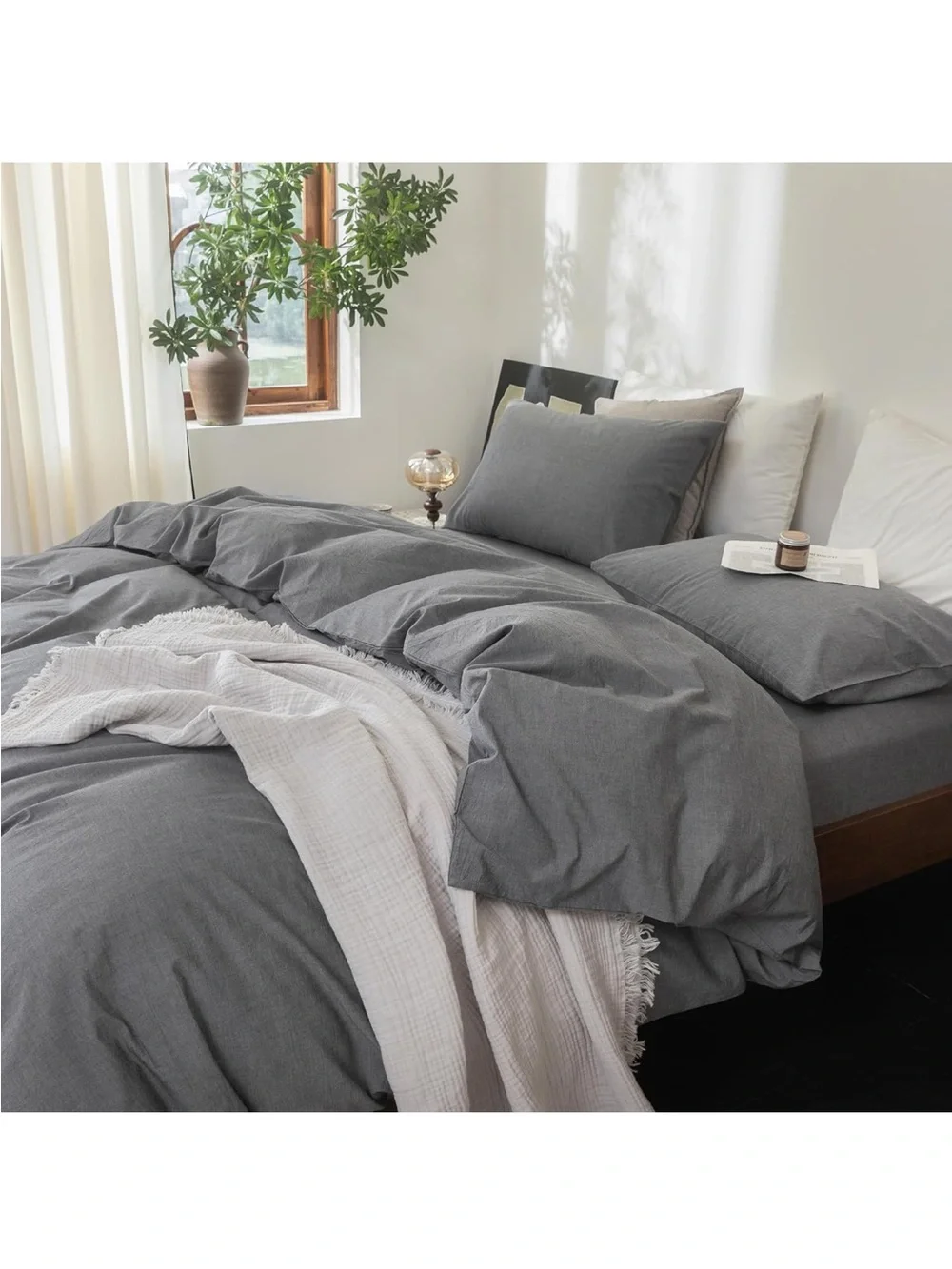 NEW FOSSA Duvet Cover Set 100% Washed Cotton Linen Feel 3 Pieces, Dark Grey King